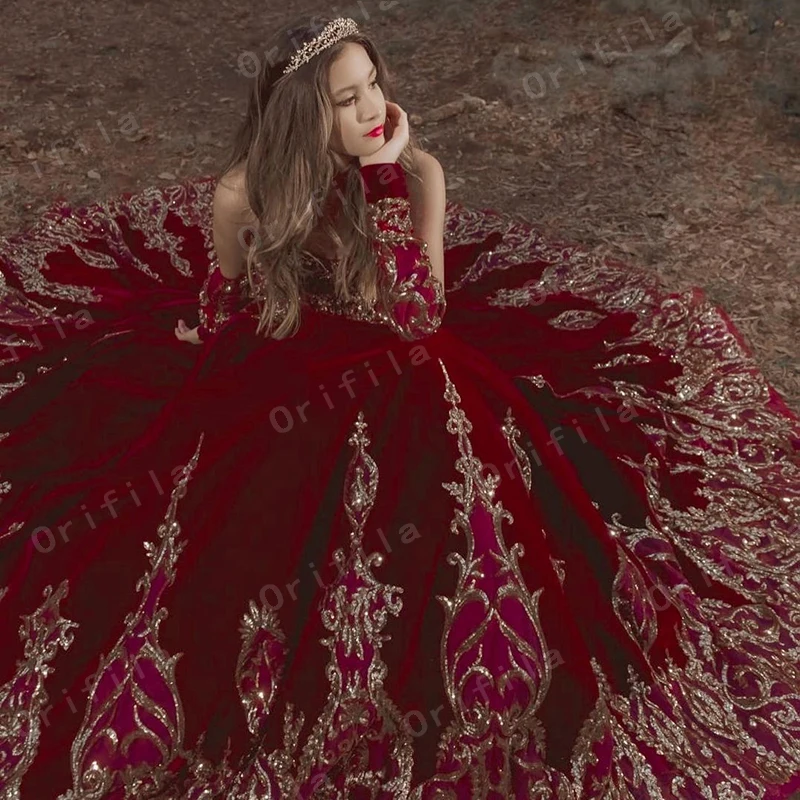 Burgundy Velvet Princess Quinceanera Dress Ball Gown Sequins Lace Applique Vestido Mexicano Style Sweet 15 Prom Gown