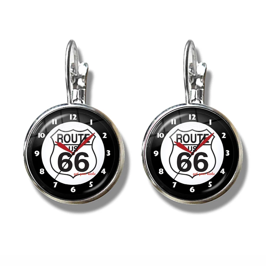 Fashion Motorcycles Pattern French Hook Earrings US Flag Route 66 Design 16mm Glass Cabochon Jewelry For Women Girls Gift