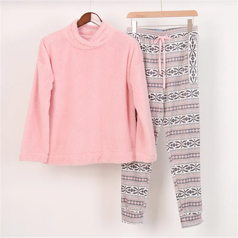 Kupokasi 2 Pieces Flannel Winter Women Pajamas Set Sleepwear Lattice Casual Loose Warm Homewear Coral Fleece Nightwear sexy pjs