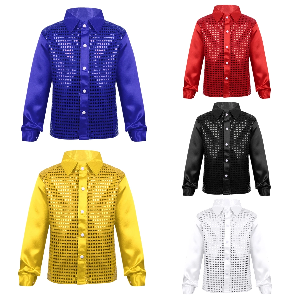 Kids Boys Glittery Sequined Dance Shirts Top Teens Fashion Latin Jazz Street Dance Shirt Hip Hop Ballroom Shiny Jacket for Prom