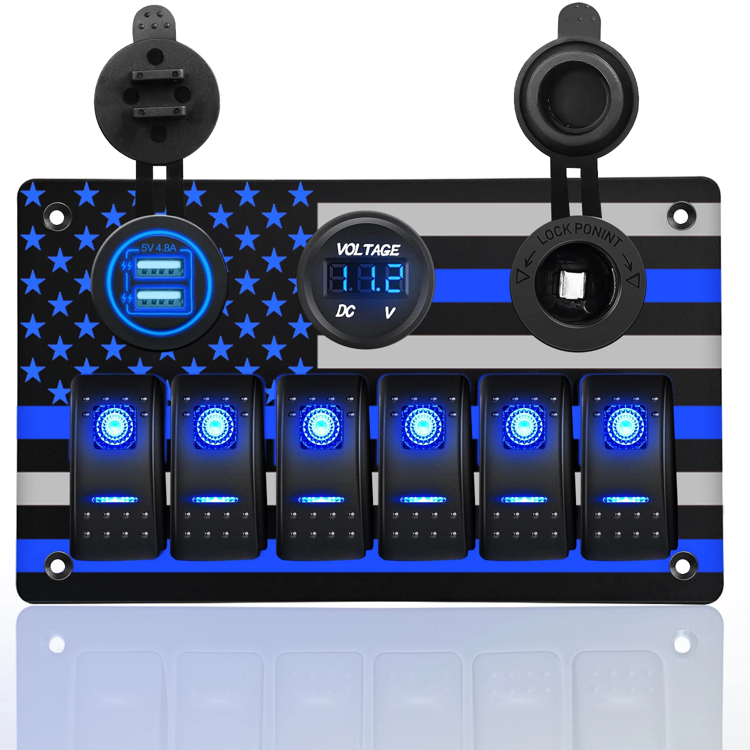 미국 국기 패턴이있는 6 갱 방수 스위치 패널 자동차 용 USB 차량용 충전기 및 전압계 및 전원 소켓이있는 6Pin ON/Off 스위치