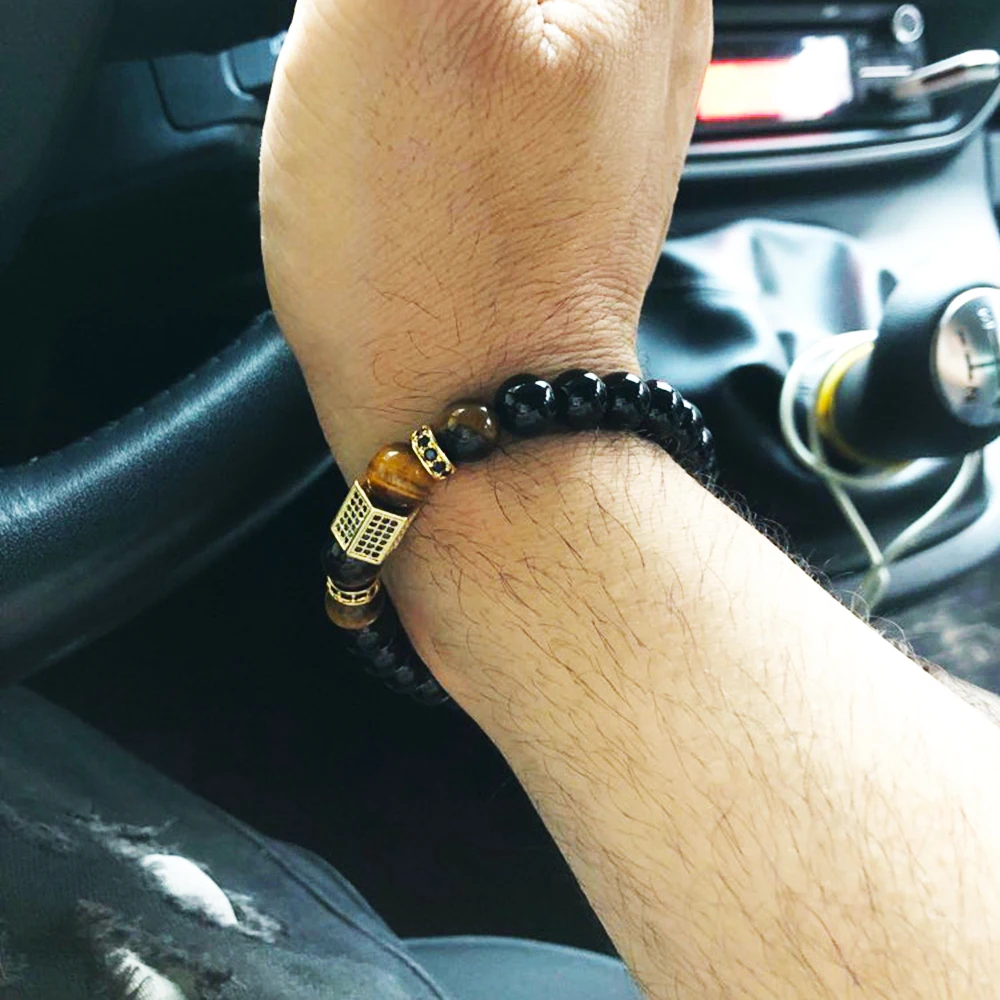 Matte Onyx Stone&Tiger Eye Combination Stitching with Cubic Zircon Hand Jewelry Beads Bracelet Elastic Stretch Men Bracelet Gift