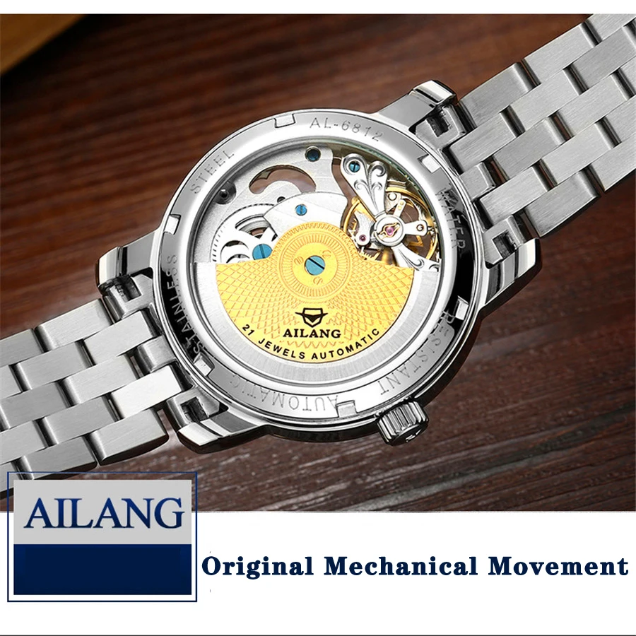 AILANG 2022 Fashion Luxury Gold Stainless Steel Mechanical Watch Men\'s Waterproof  Hollow Watch Skeleton Steampunk Watches Men