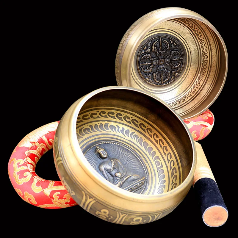 Silent Mind  Tibetan Singing Bowl Set  Antique Design  With Dual Surface Mallet and Silk Cushion  Promotes Peace, Chakra Healin