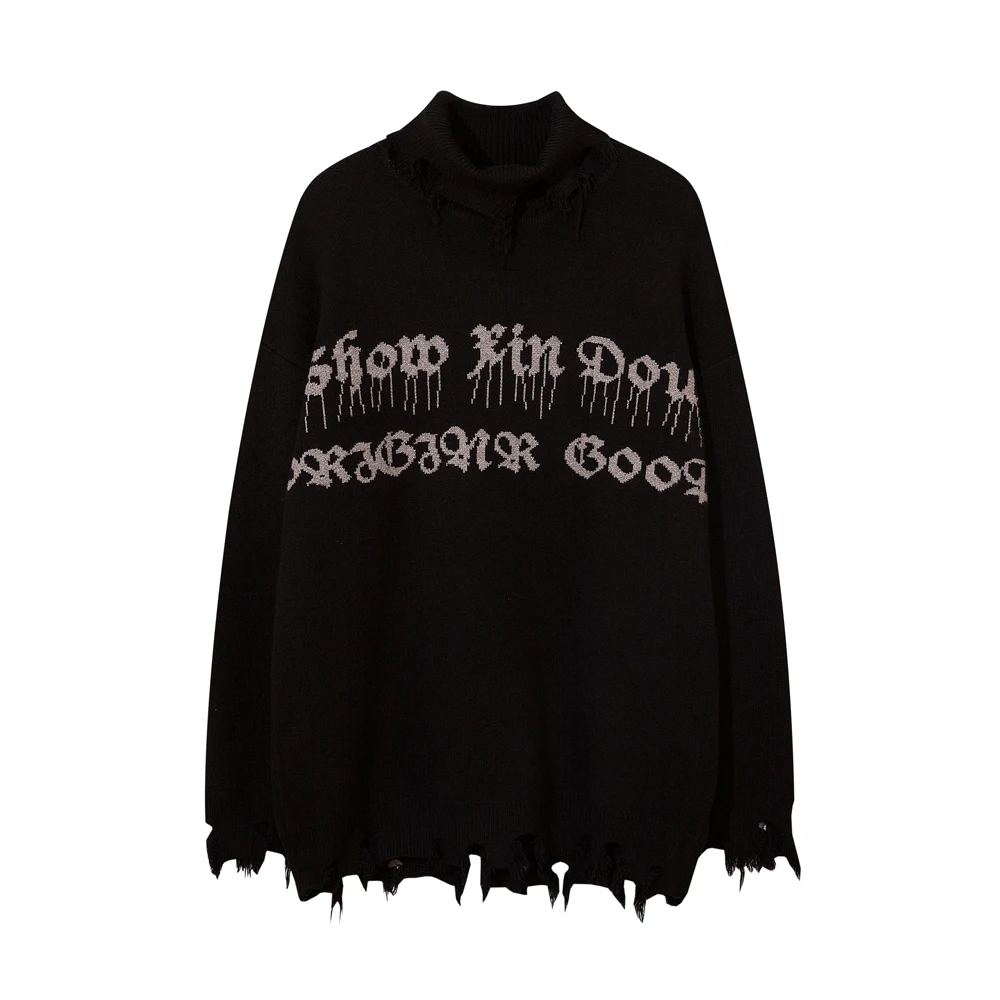 Half High Collar Gothic Women Y2k Knitted Sweaters Oversize Long Sleeve Pullovers Ripped Sweater Harajuku Winter Streetwear Tops