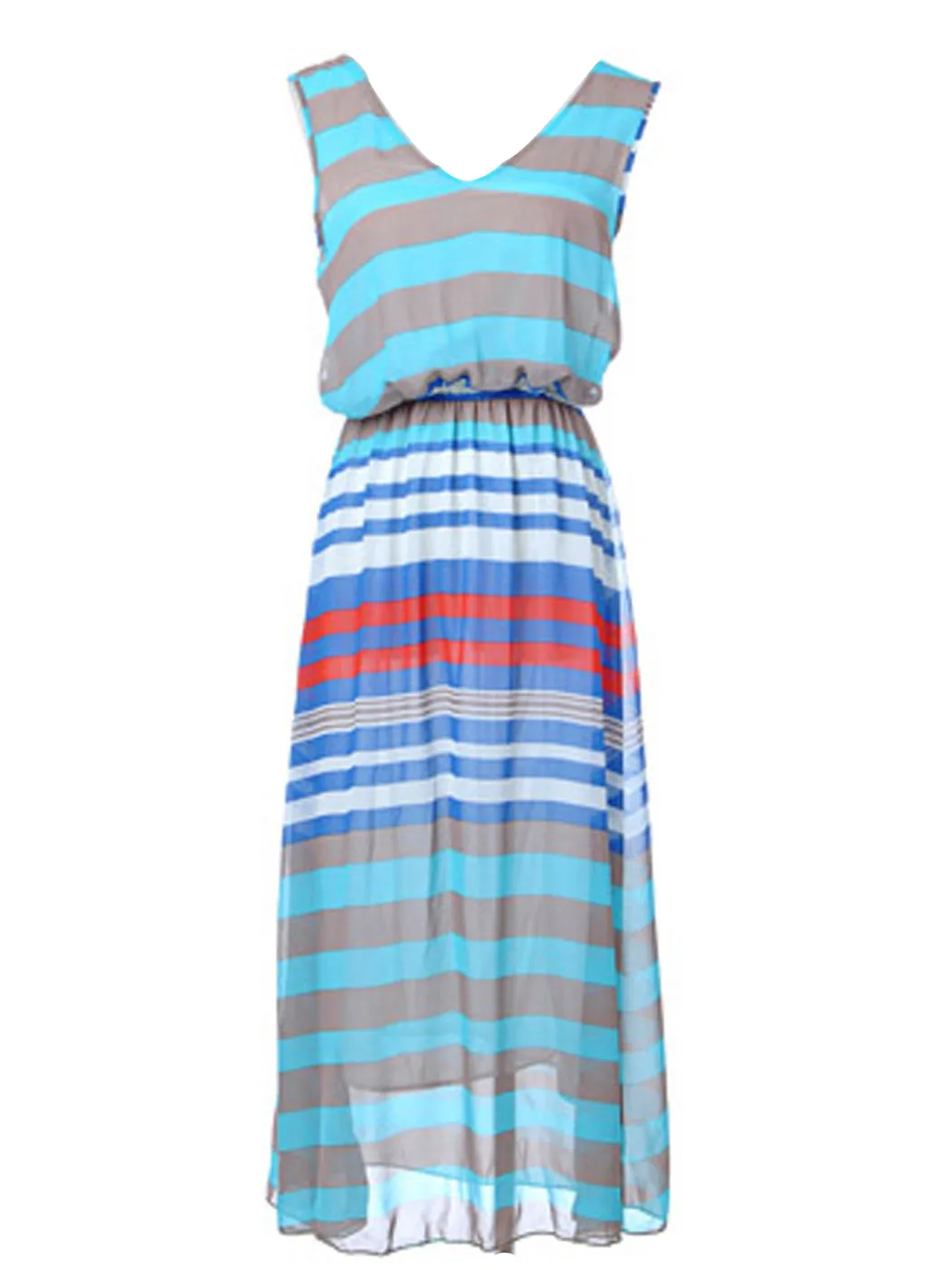 Womens Summer Beach Multicolored Stripe V Neck Cutout Back Maxi Dress Sleeveless Casual Daily Wear Women Top