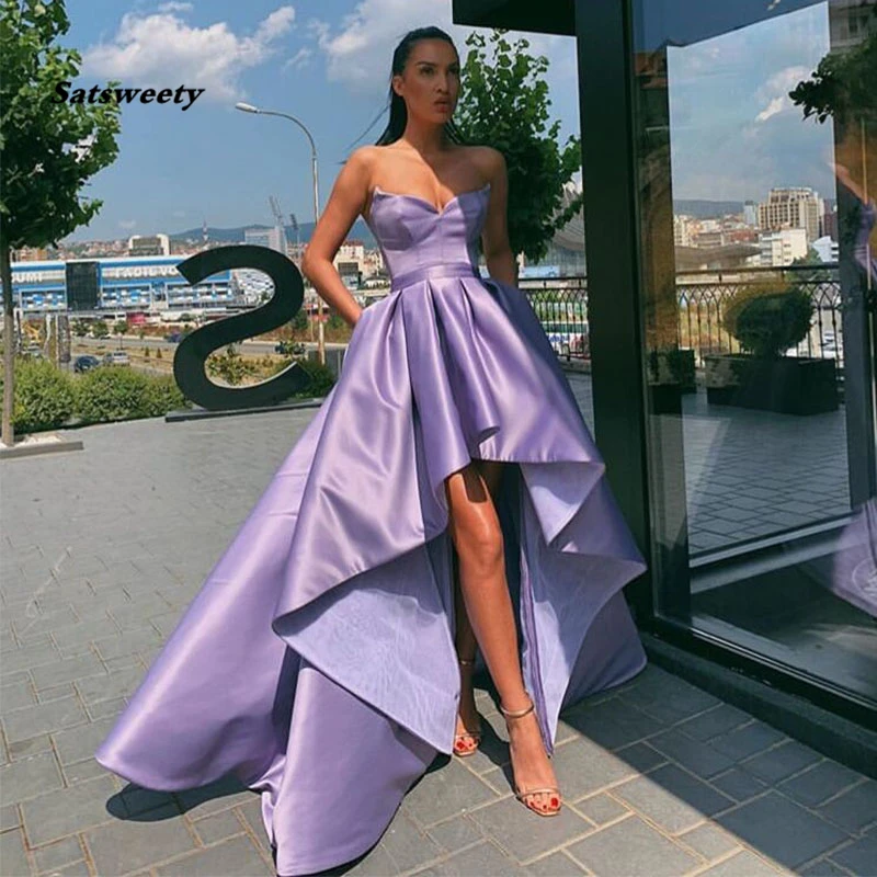 

Lavender High Low Prom Dresses Simple Satin Sweetheart Neckline Formal Party Gowns Short Front Long Back Abendkleider Prom Gowns