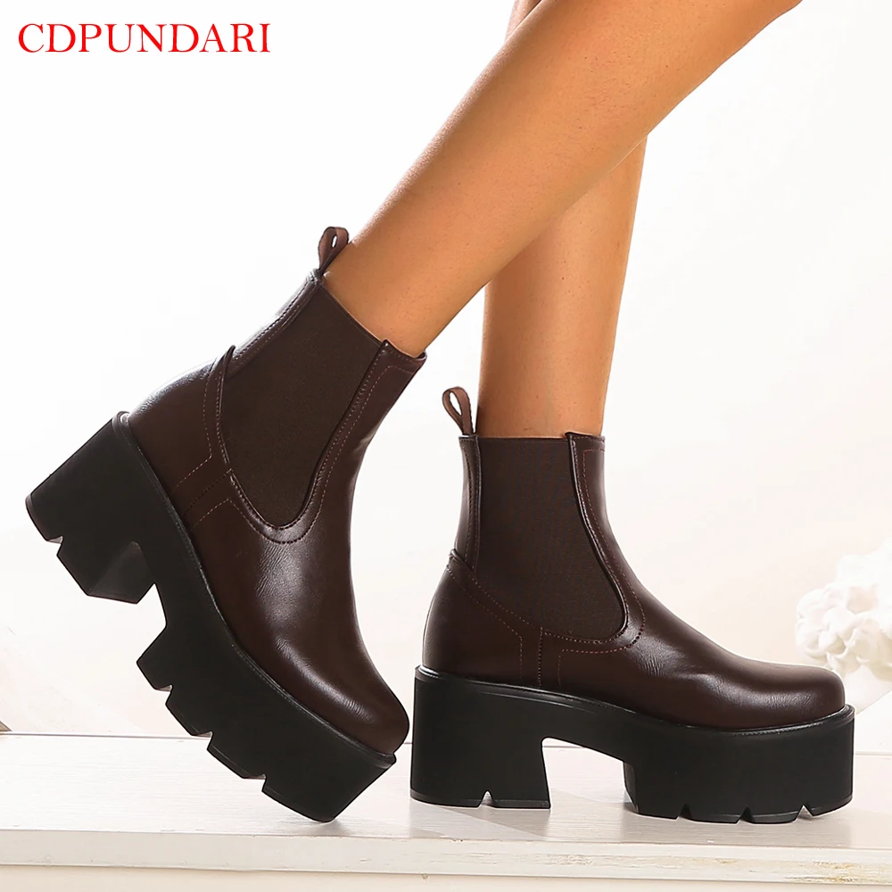 Black Chunky Motorcycle Boots For Women Platform Ankle Boots Ladies Street Punk Boots Spring Autumn Short Boots Shoes Brown