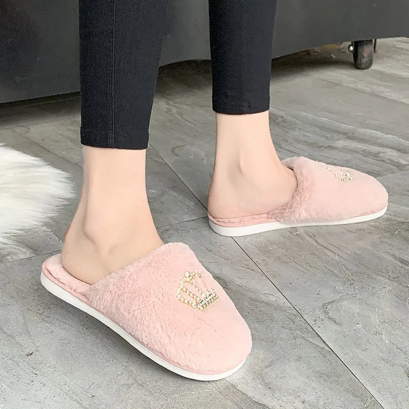 COOTELILI Winter Fashion Women Home Slippers Faux Fur Warm Shoes Woman Slip on Flats Female Fur 1.5cm Heel Plus Size 36-41