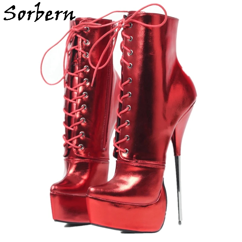 

Sorbern Red Metallic Matt Ankle Boots Women Metal High Heel Ballet Style Pointed Toe Booties For Transfer Guys Lace Up Shoes