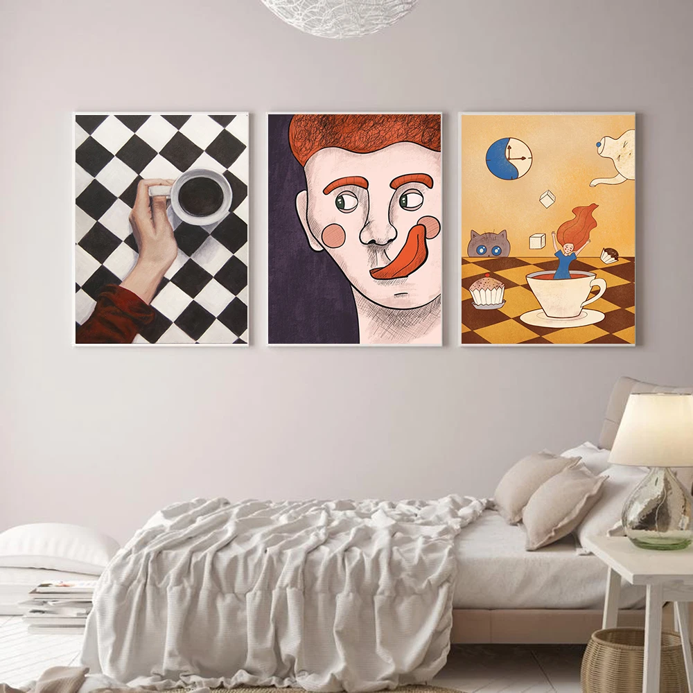 Cartoon Funny Figure Portrait Canvas Painting Tea Time Swan Poster And Print Escape Room Vintage Wall Art Pictures Cuadros Decor