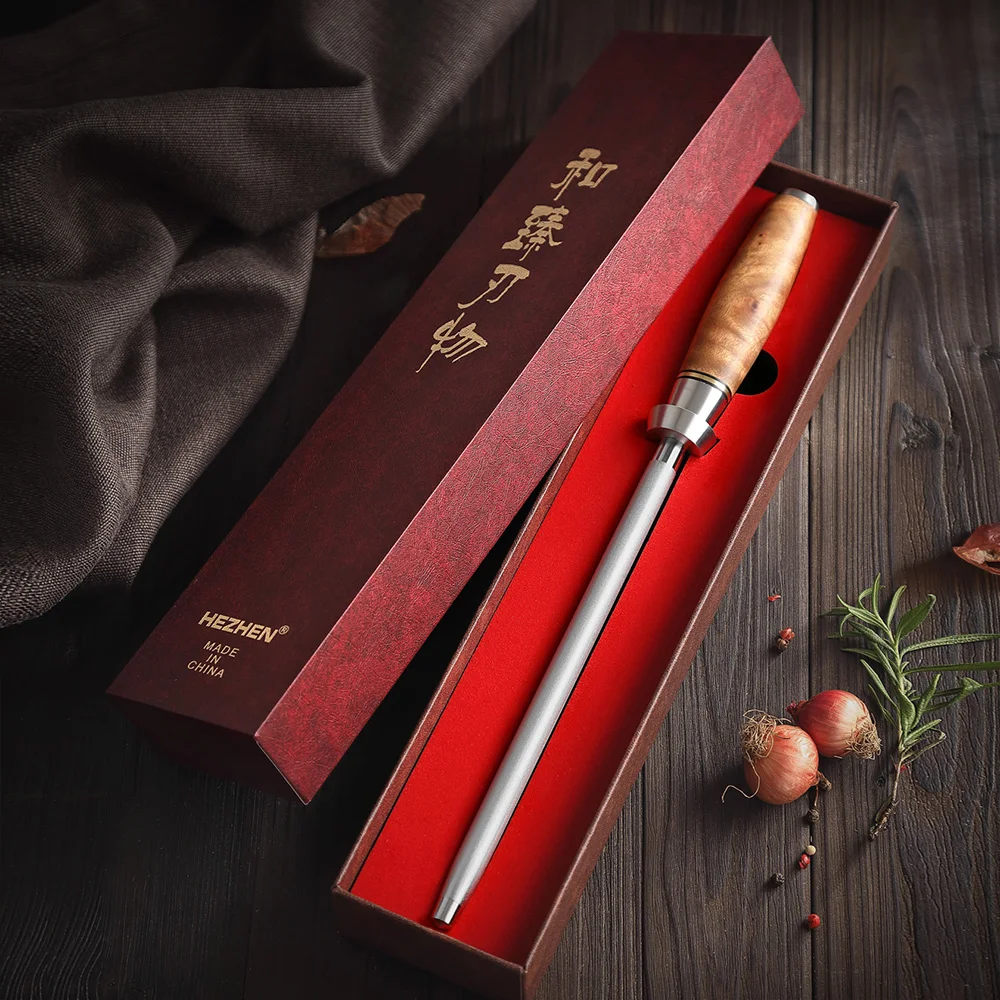 HEZHEN Knife Sharpener Rod Diamond Sharpening Figured Sycamore Wood Handle Wear-Resistant Kitchen Tools