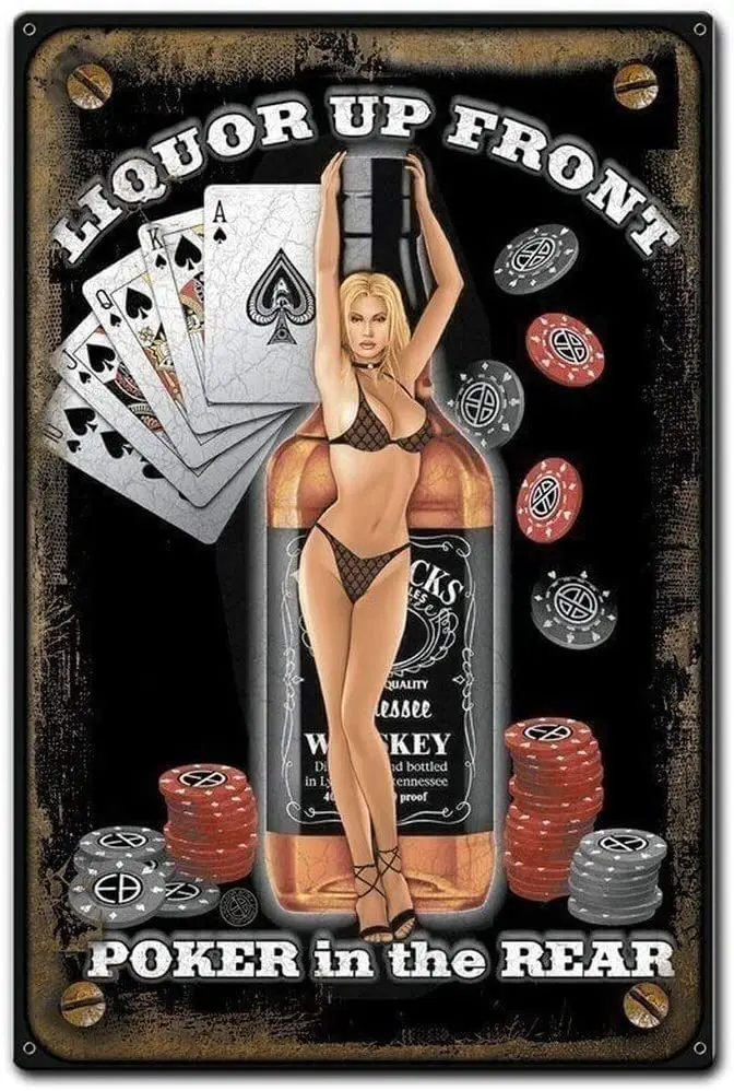 

Losea Liquor Up Front Poker in The Rear Metal Vintage Tin Sign Wall Decor 12 x 16 Inches