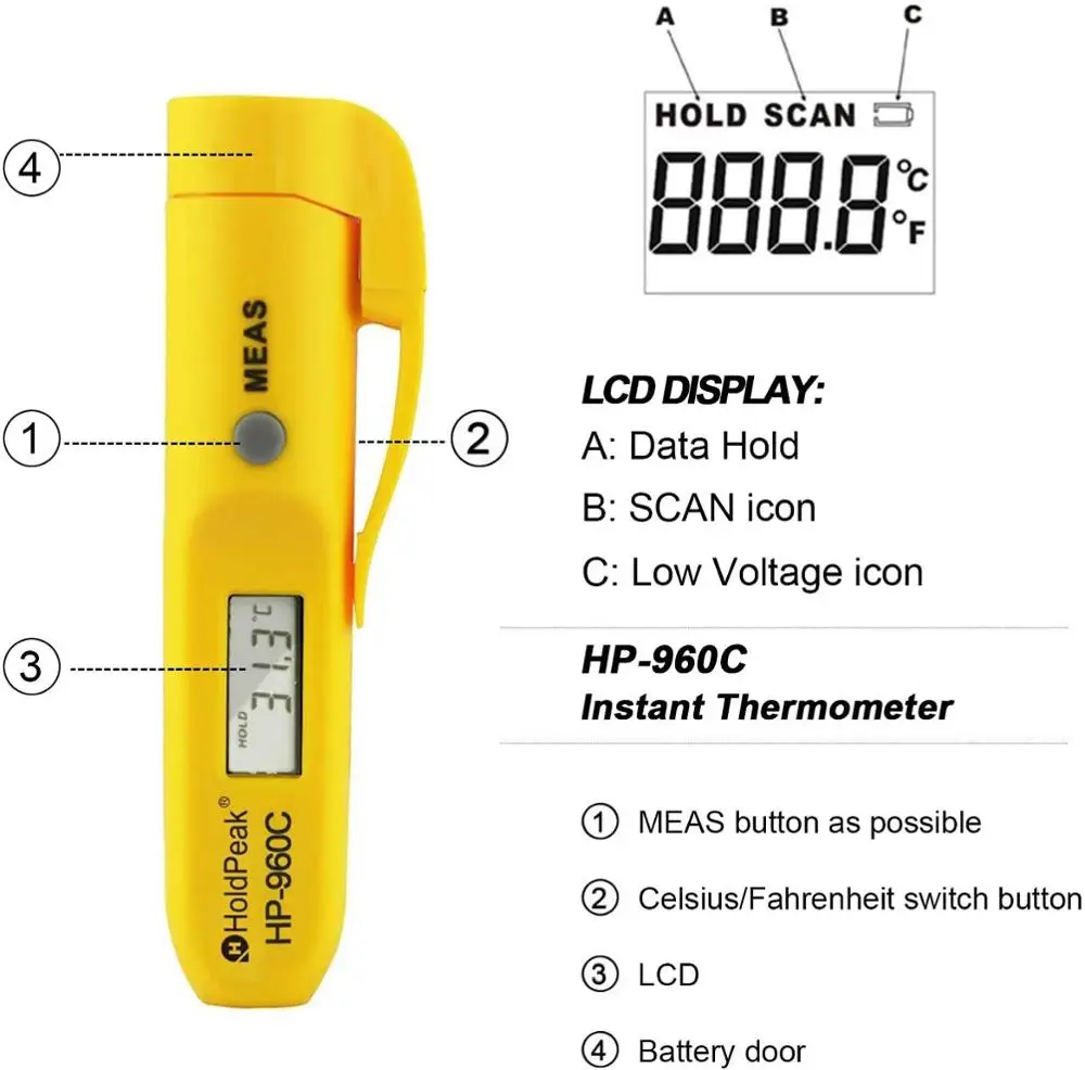 HoldPeak HP-960C Pen Type Portable Digital Non-Contact Infrared Thermometer Mini Tester Laser Temperature Instrument