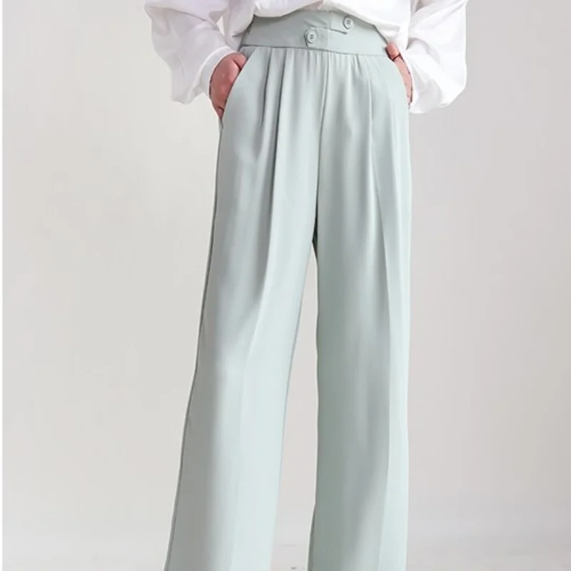 Elastic Casual High Waist Wide Leg Trousers Women Office Solid Color Loose Pants Autumn New Lady Pocket Formal Pants S-XL