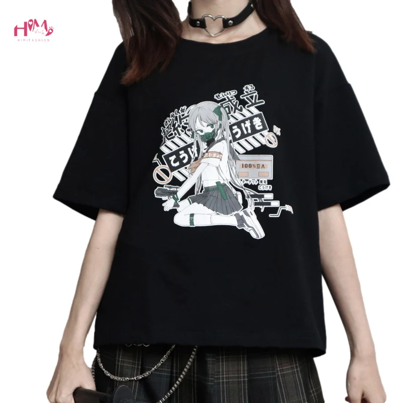 Cute Fashion Anime T Shirts Women Harajuku Punk Kawaii Girls White Tops 2021 Gothic Aesthetic Printing Graphic Black Tee Shirt