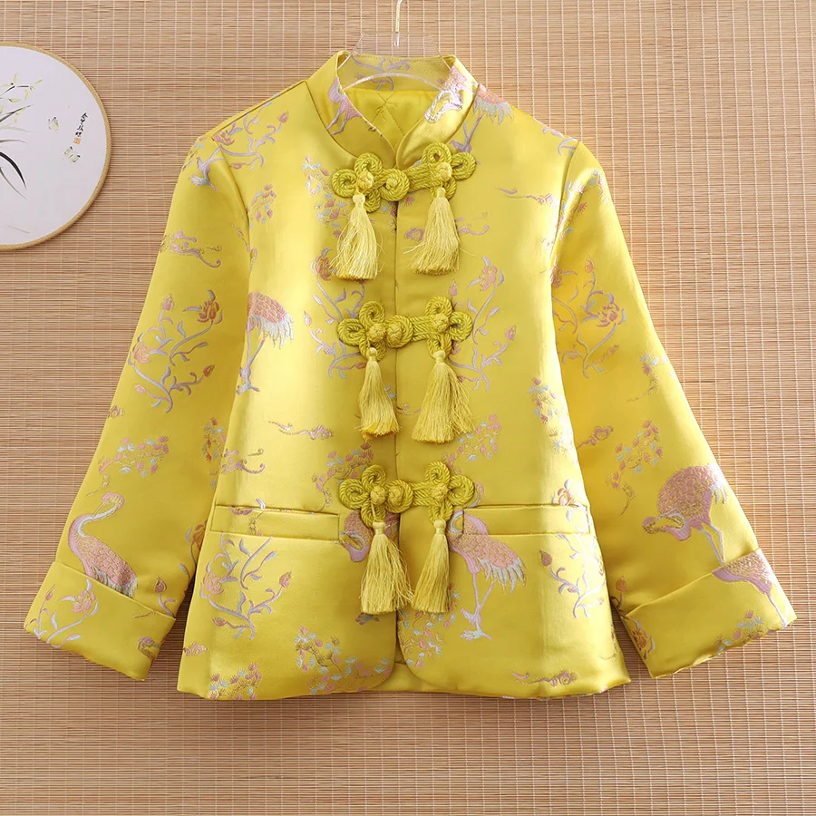 

Women Tops Tang Autumn Tassel Crane Jacquard Chinese Style Vintage Loose Short Coat Tops Lady Casual Jacket Female S-XXL