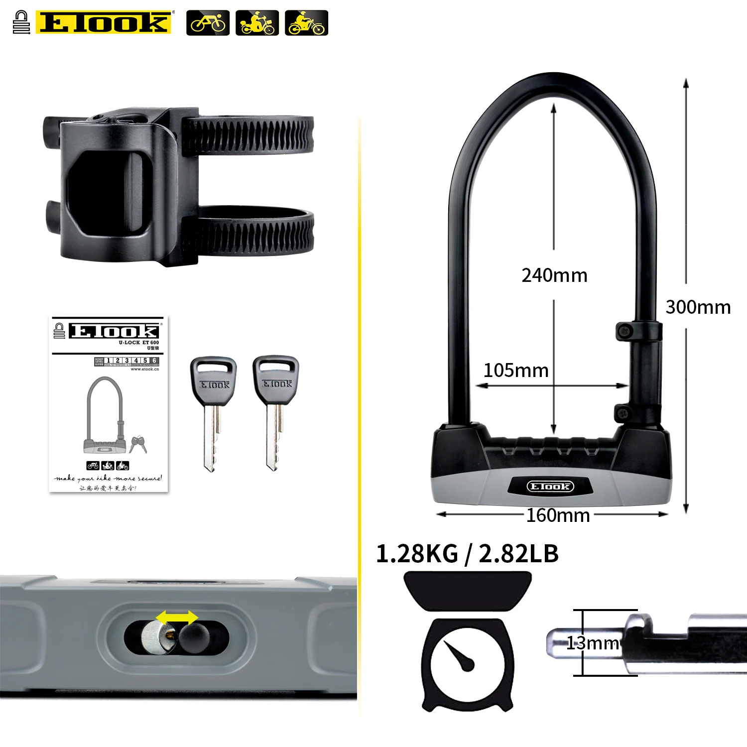 ETOOK U Lock E-Bike Heavy Duty Motorcycle MTB Road Bike Alloy Anti-theft Safety Lock Bicycle Accessories 2 Keys Free Lock Frame