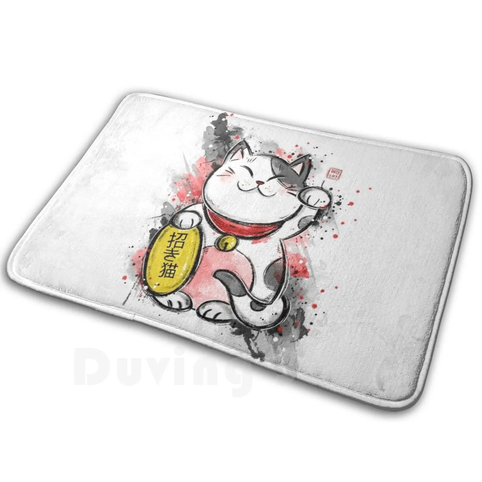 Sumi-E Neko Mat Rug Carpet Anti-Slip Floor Mats Bedroom Maneki Neko Cat Animal Japan Japanese Lucky Symbol Sketch