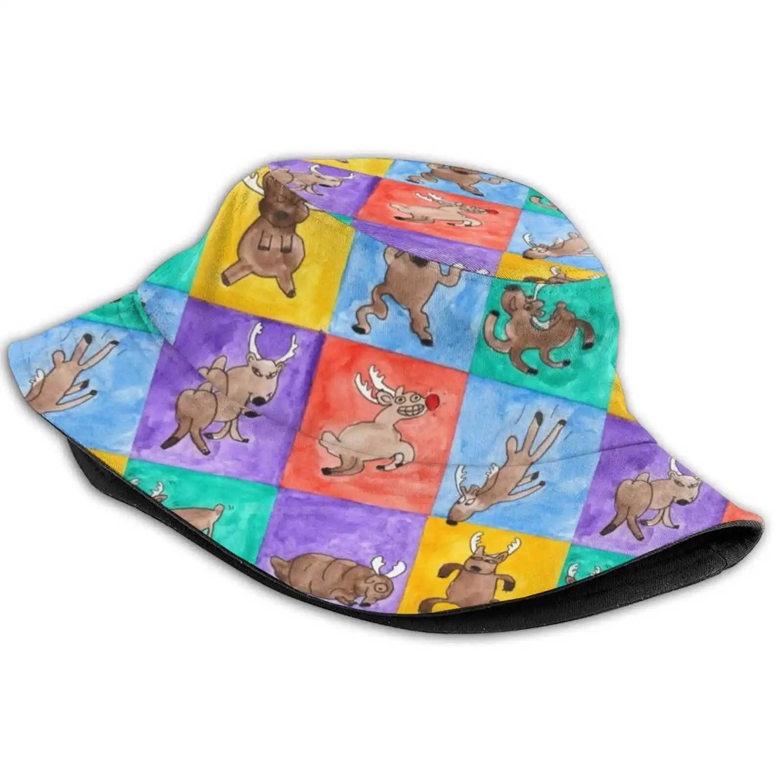 Reindeer Rumpus Print Bucket Hats Sun Cap Reindeer Christmas Rudolph Dasher Dancer Prancer Donner Vixen Cupid Comet Blitzen