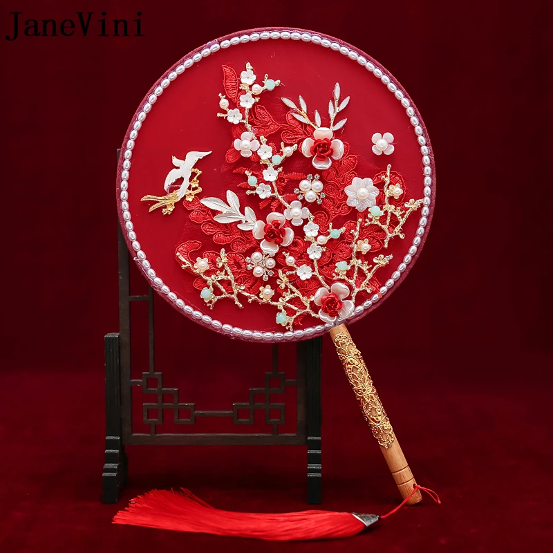 JaneVini Chinese Elegant Red Lace Appliques Bridal Bouquet Fan Type Handmade Flowers Pearls Metal Round Fan Wedding Accessories