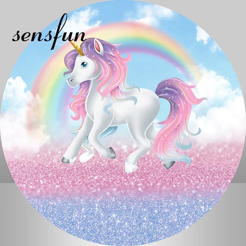 Sensfun Rainbow Glitter Bokeh Unicorn Theme Round Backdrop Cover Girls Birthday Plinth Covers Elastic Rectangle Table Banner