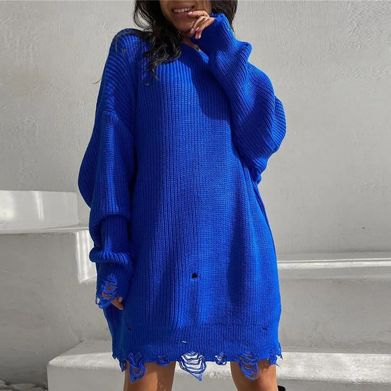 Women Solid Turtleneck Side Split Knitted Sweater Female Oversized Ribbed Pullovers Fashion Ripped Tassel Loose Sweater Jumpers