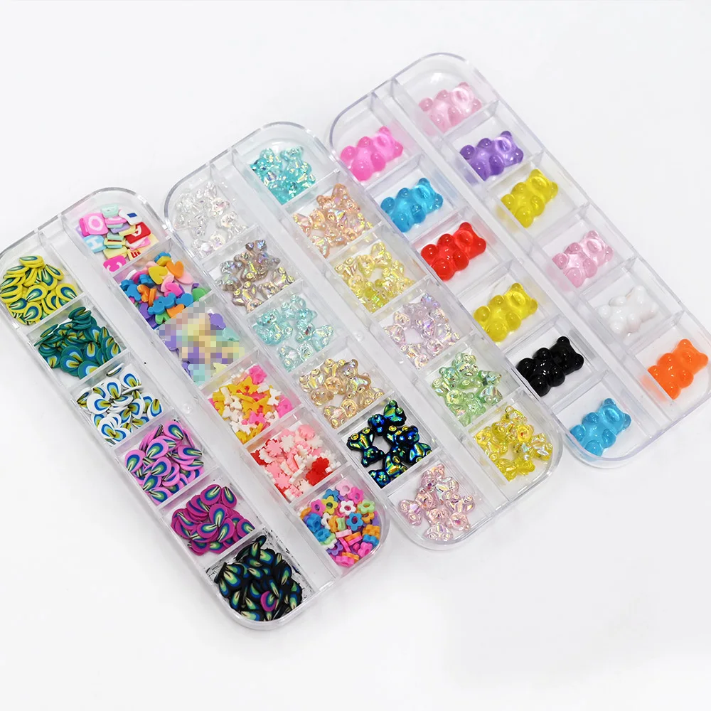 12Girds/Box Resin-Bear Aurora Little Bear Various Colors  DIY Decoration Gems 3D Bear Charms Nail Manicure Decoration