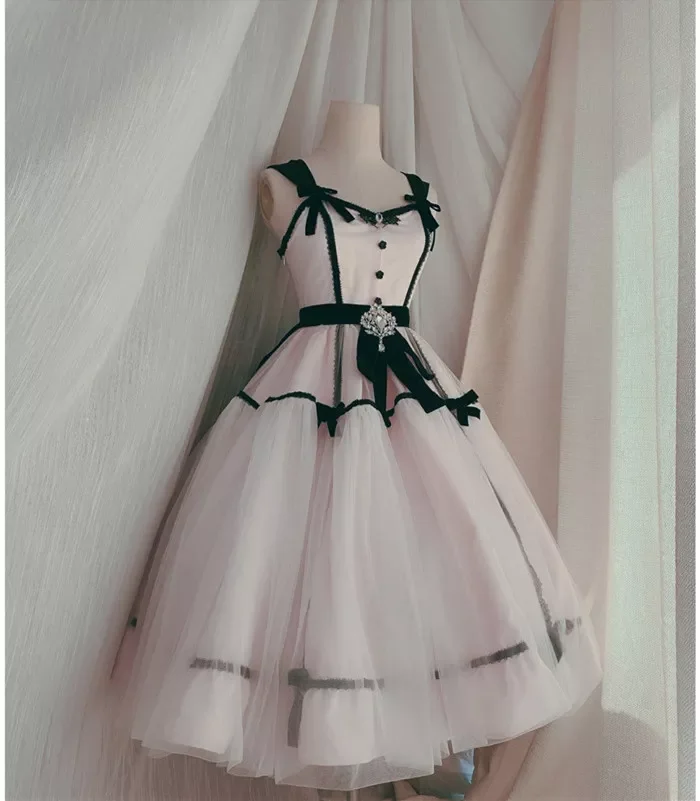 Pink Girl Classic Princess Lolita Midi Long Ball Gown Dress Layered Satin Tulle Party Dress With Bow Puffy Pink Birthday Dress