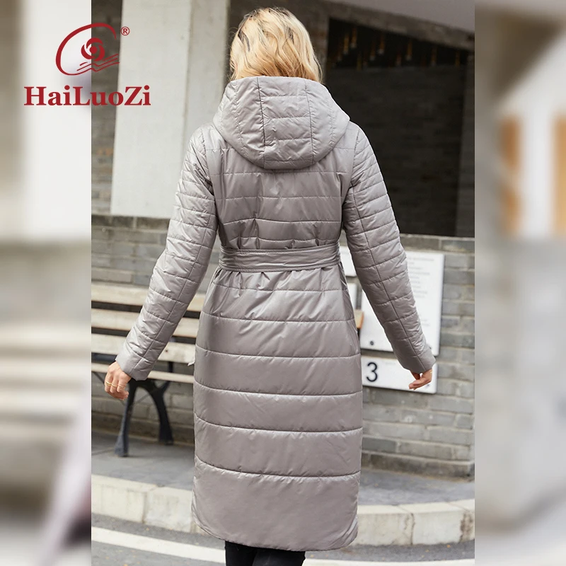 HaiLuoZi Women’s Spring Autumn Jacket Long Fashion Splicing Women Coat  Diagonal Belt Hooded Large Pocket Female Casual Parka 73