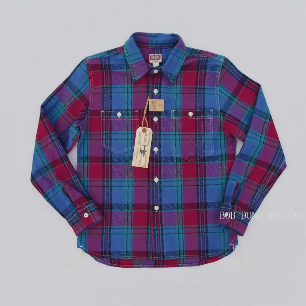 BOB DONG Yarn Dyed Cotton Checked Shirts Asymmetrical Pockets Plaid Work Shirts