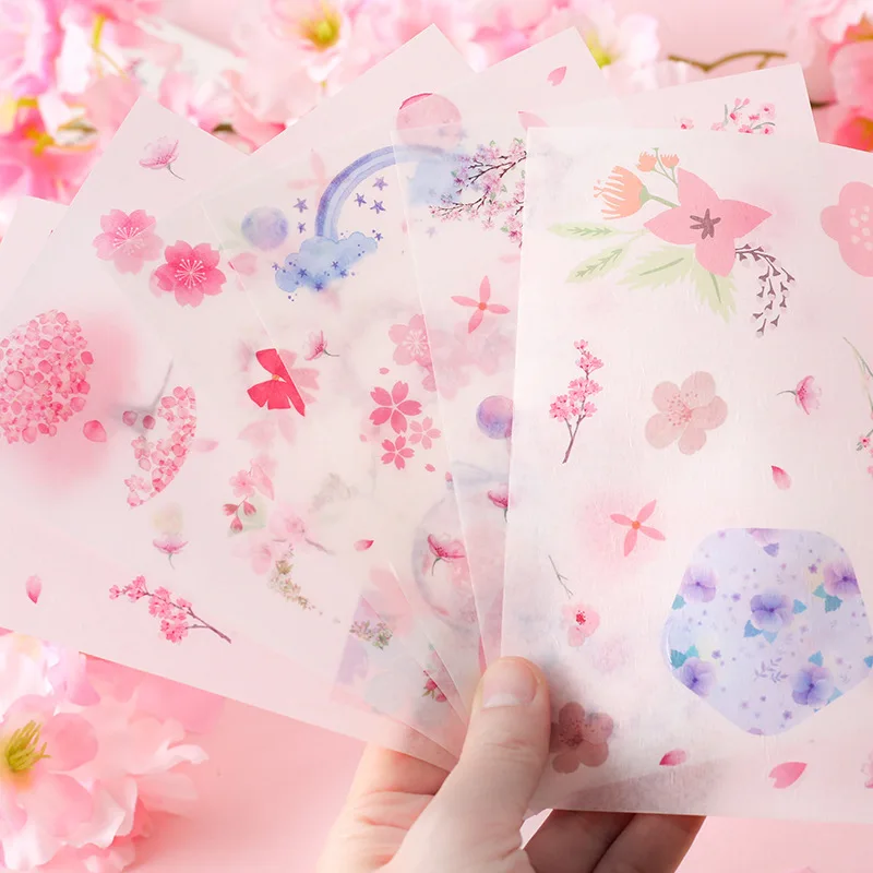 6 Sheets/Set Japanese Cherry Blossom Decoration Sticker DIY Scrapbooking  PVC Stationery Diary Stickers