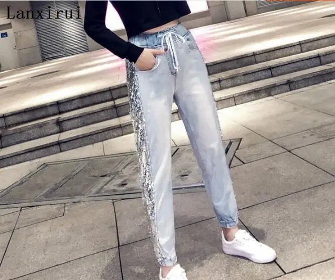 New Women High Waist Jeans Denim Striped Jeans For Female Jeans Pants Blue Patchwork Pants Skinny Jeans 2136