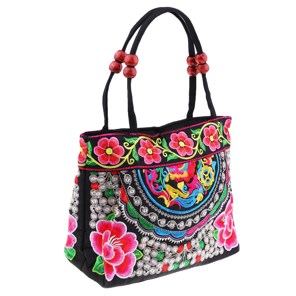 Floral Embroidery Travel Shoulder Bag - Boho Double-side Embroidered Flower Canvas Bag for Women