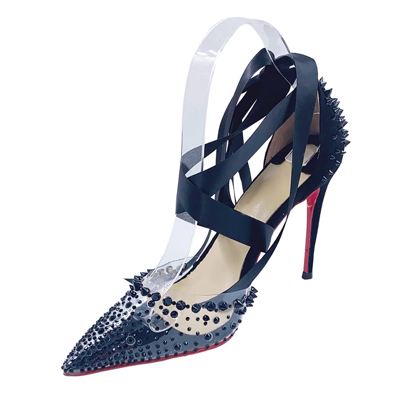 Size 34-42 6/8/10/12cm High Heels PVC Pointy Toe with Studs Crystals Satin Strap Covered Heel Sexy Women Sandals