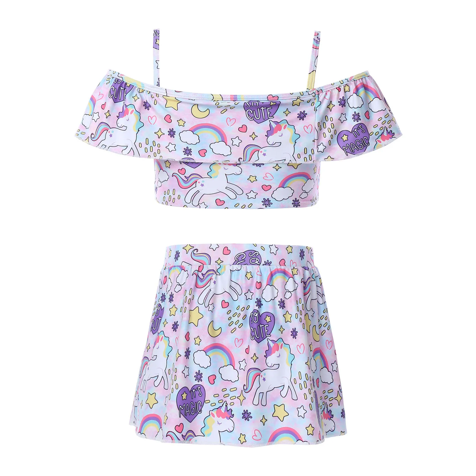 2Pcs Kid Girl Summer Cartoon Printed Swimming Suit Slash Neck Ruffle Hem Cropped Top And Bowknot Skirt With Built-In Briefs Suit