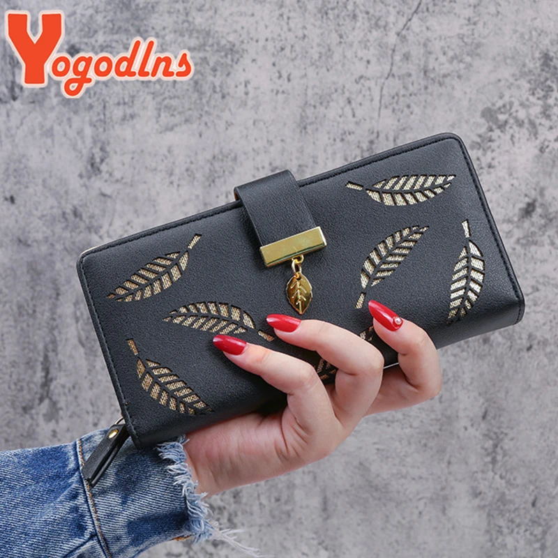 Yogodlns Leaf Hollow Wallet Female PU Leather Handbag Long Zipper Clutch Card Holder Coin Purse Multi-layer Phone Bag