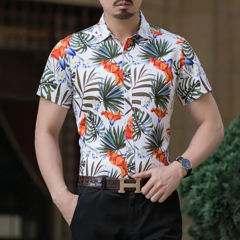 Hawaiian 2020 Summer Shirt Men Short Sleeve Print Casual Slim Fit Business Dress Shirts Camisa Social Masculina Large Size