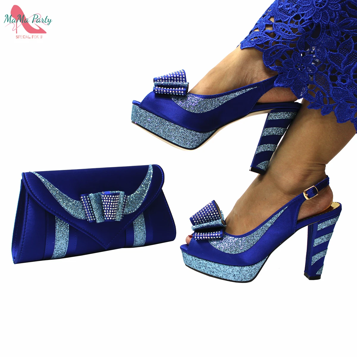 2022 Spring New Arrivals Slingbacks Sandals with Platform in Royal Blue Color High Quality African Women Shoes and Bag Set