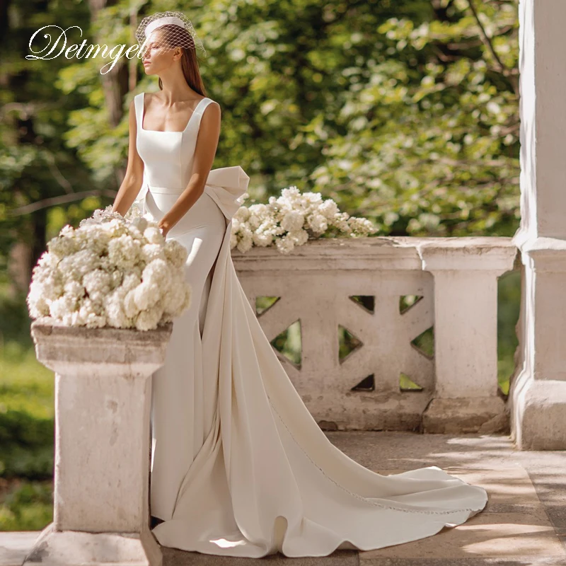 

Новые великолепные свадебные платья цвета слоновой кости с квадратным воротником и открытой спиной, бантом, съемными свадебными платьями русалки по индивидуальному заказу