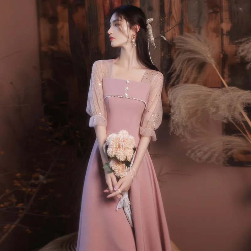 

Women Pink Semi-Formal Dress O-Neck Bubble Sleeve Elegant Party Gowns Tea-Length Embroidery Draped Waist Formal Prom Dresses