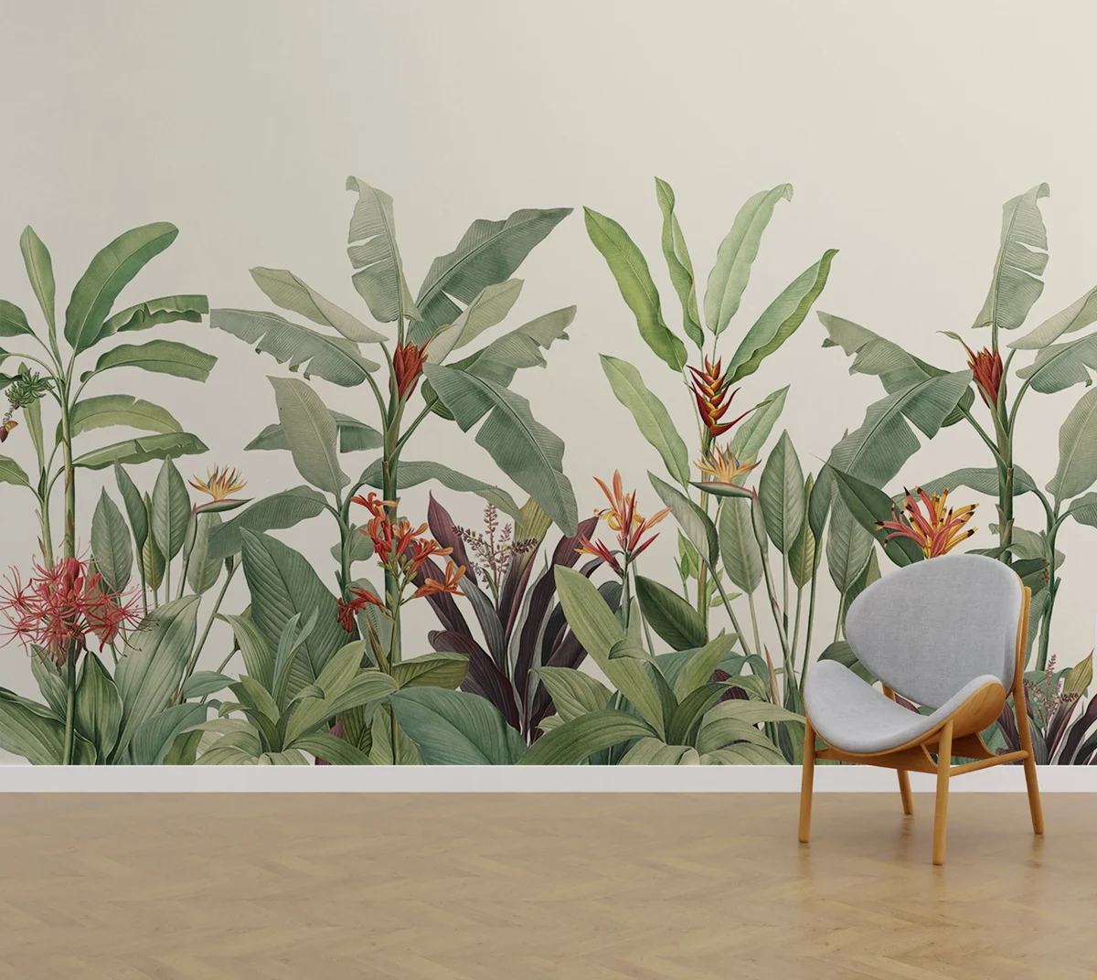 Redouté Dusty Green and Teal Vintage Tropical Minimalist Wallpaper Mural