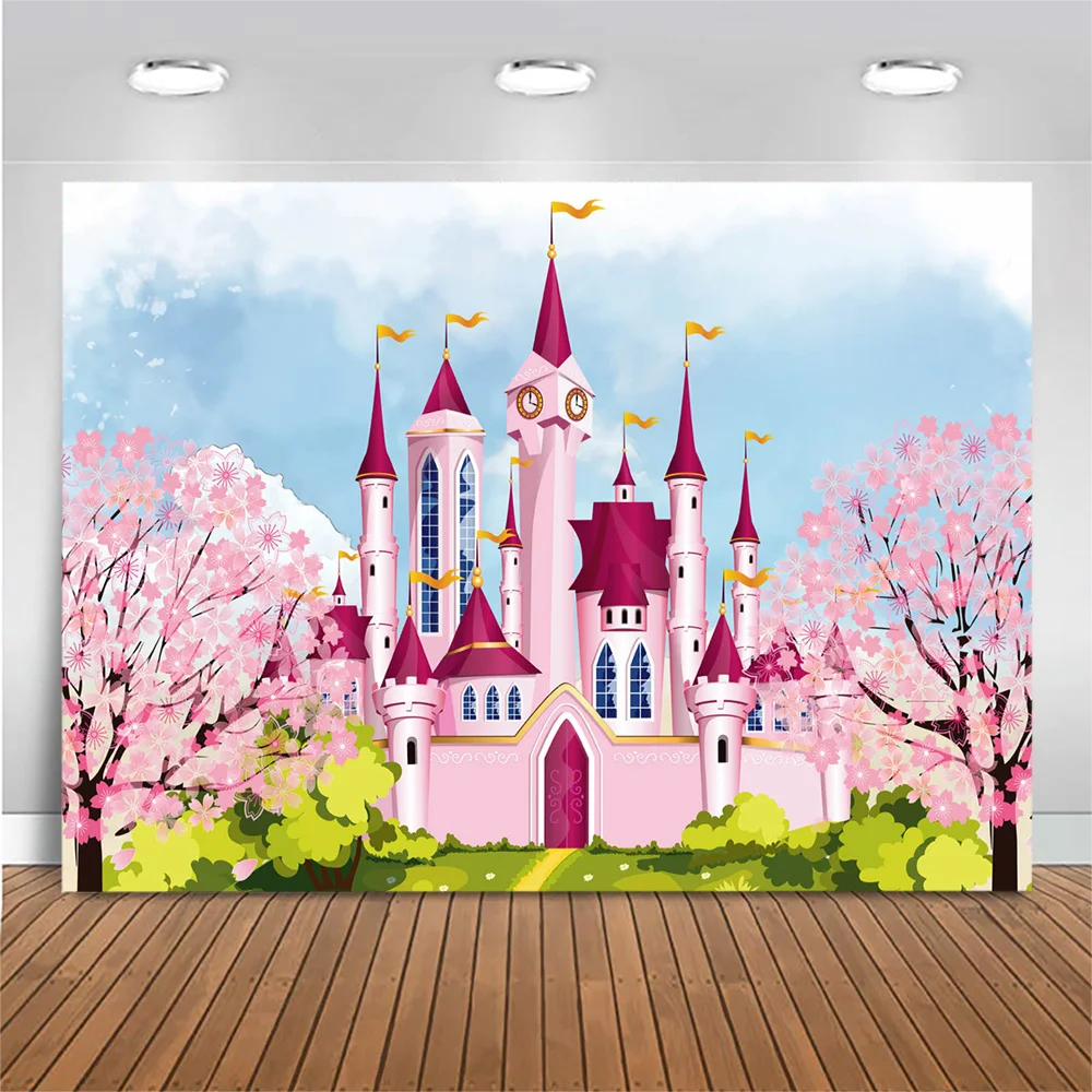 

MOCSICKA Pink Castle Backdrop Photography Baby Kids Portrait Birthday Photo Background Cake Smash Backdrops Decor Spring Banner