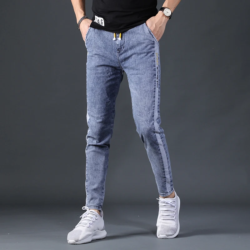 Men Side Stripe Blue Jeans Summer Men Straight Slim Fit Ankle-Length Pants Fashion Streetwear Elastic Waist Denim Trousers