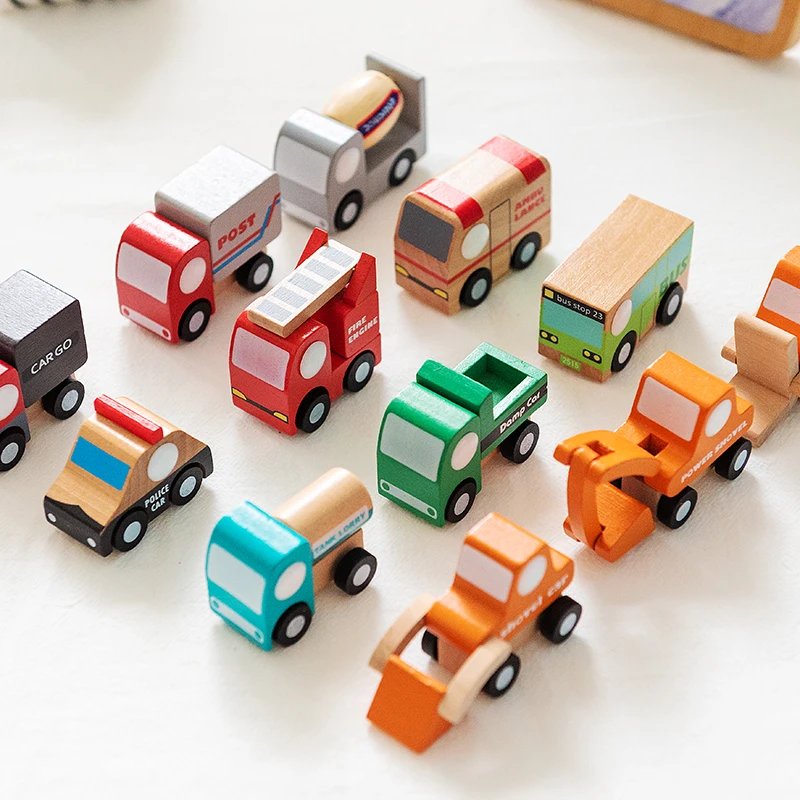 Juego de Mini coches de madera para niños, juguete de simulación de dibujos animados, transporte, avión, camión, modelo Montessori, juguete