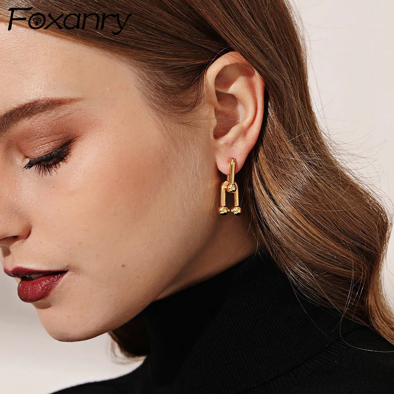 Foxanry INS Fashion Silver Color Earrings for Women Creative Simple U-Shape France Gold Plated Elegant Party Jewelry Gift