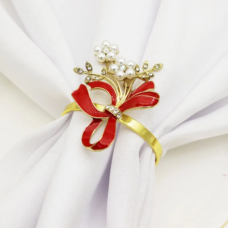 10pcs/lot Simple golden napkin ring red bow pearl napkin button hotel restaurant cloth ring metal napkin ring