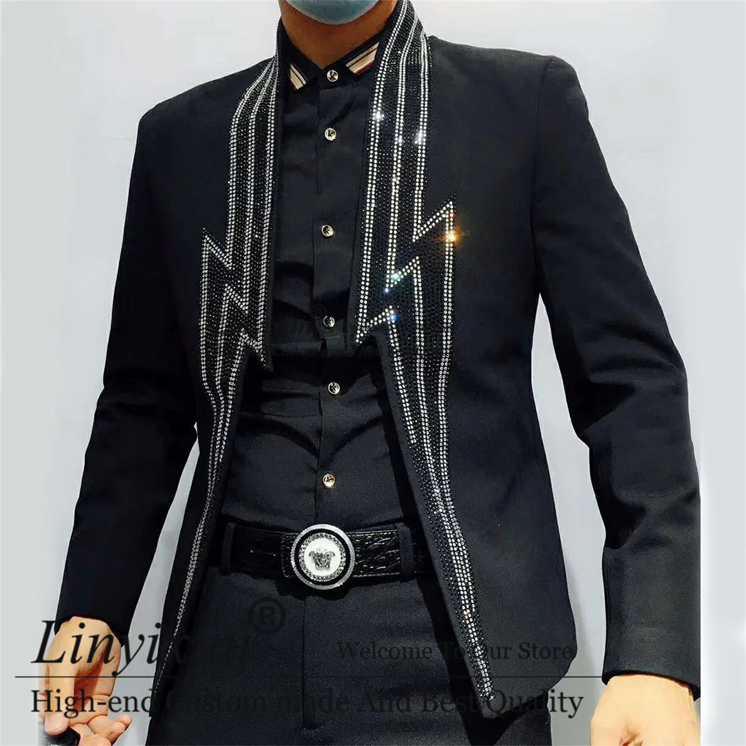 Luxury Mens Suits With Heavy Beaded Slim Fit Wedding Groom Tuxedos Lightning Rhinestone Club Party Male Blazer Terno Masculino