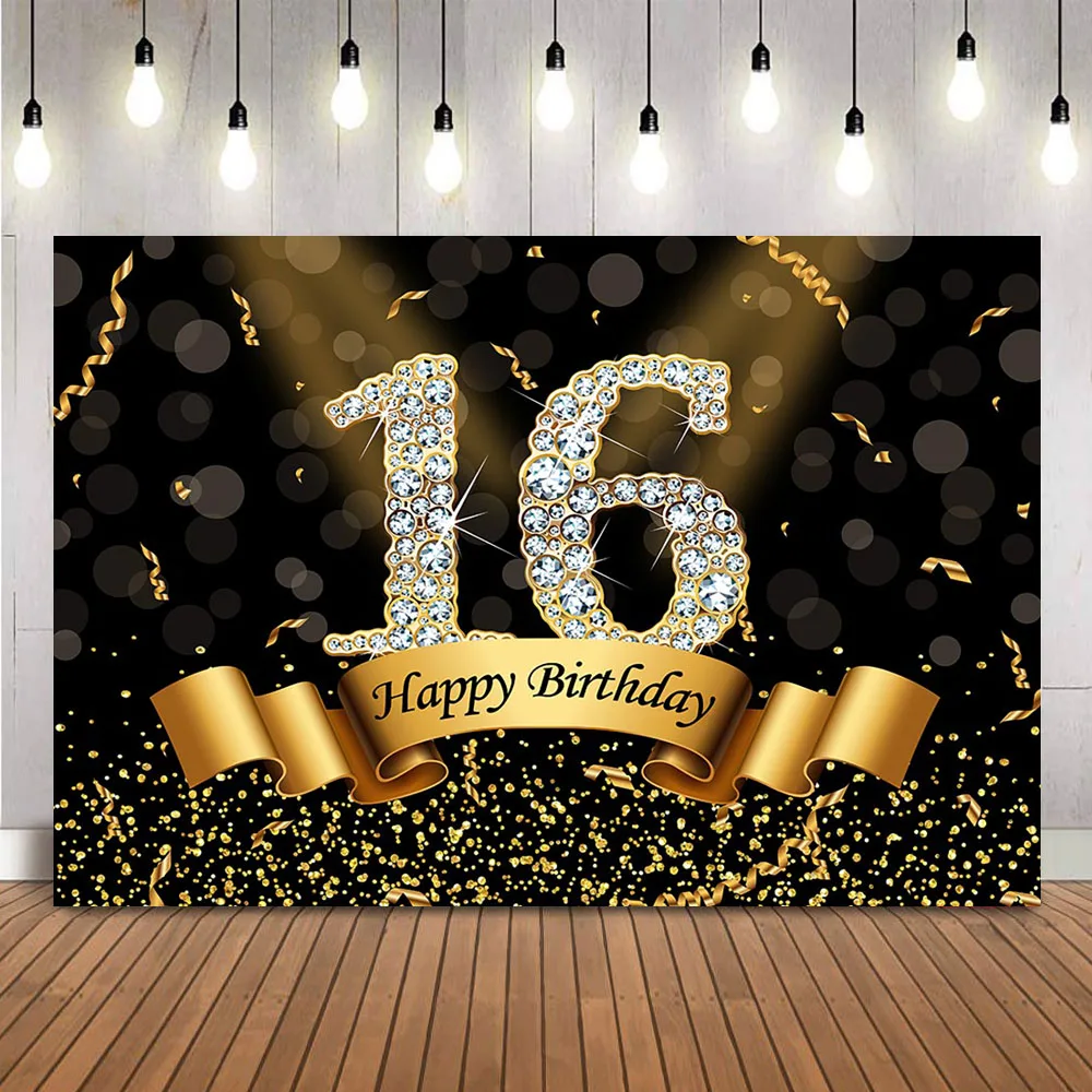 Sweet 16 Birthday Backdrop for Photography Girls Black and Gold Birthday Party Decoration Supplies Banner Bokeh Photocall Props