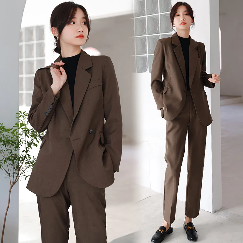 Women Vintage Office Lady Classic Two Piece Set Long Sleeve Blazer+High Waist Straight Leg Long Pants Setup Outfits